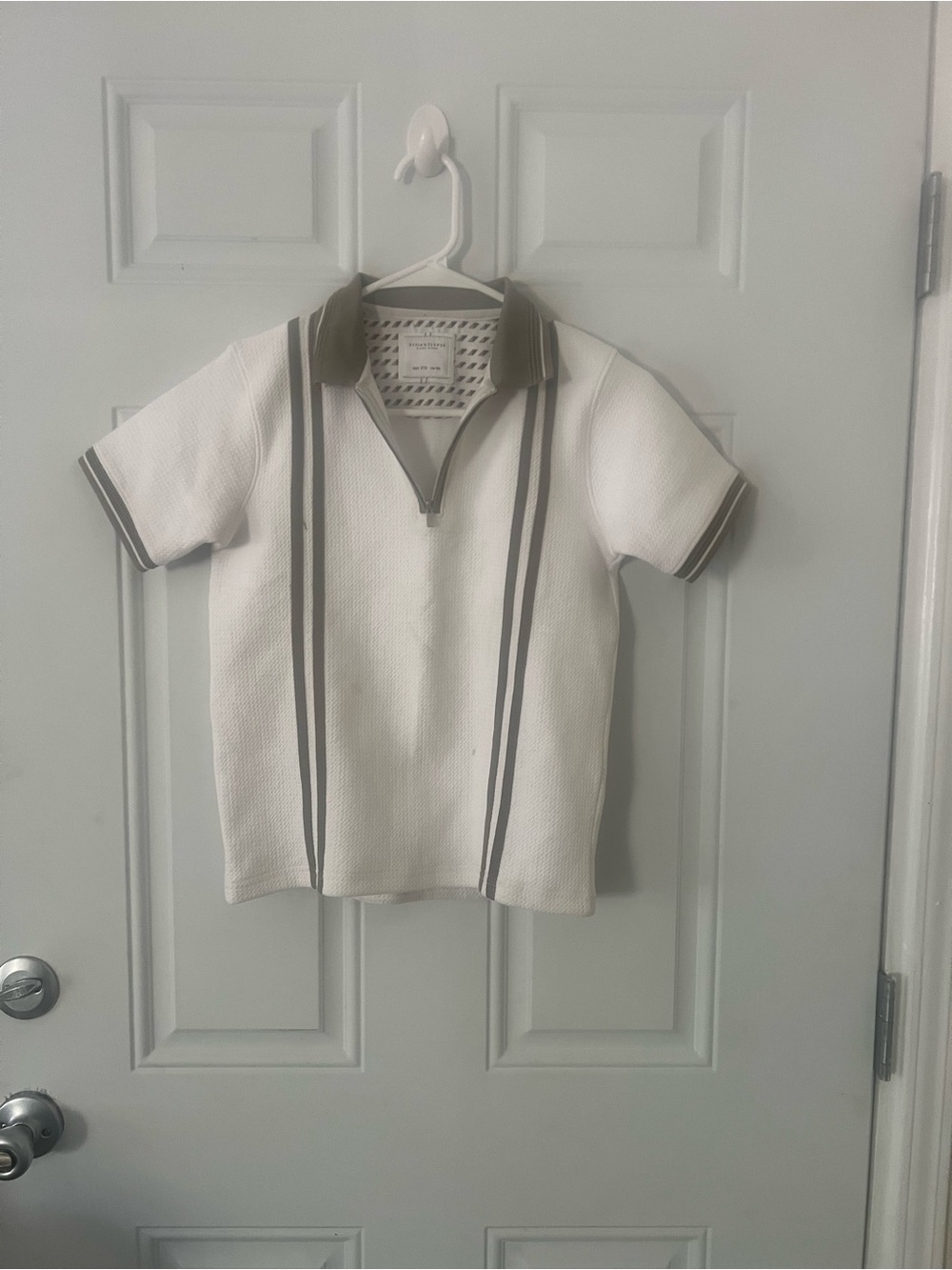 Denim & Flower White Polo with Olive Trim and Stripe Detail